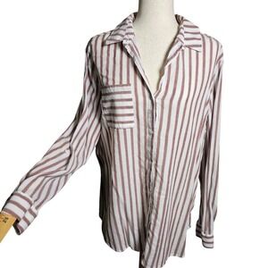 Cato Guazey Striped Button Up Shirt  Split Tux Back White Brown Cotton Modal XL